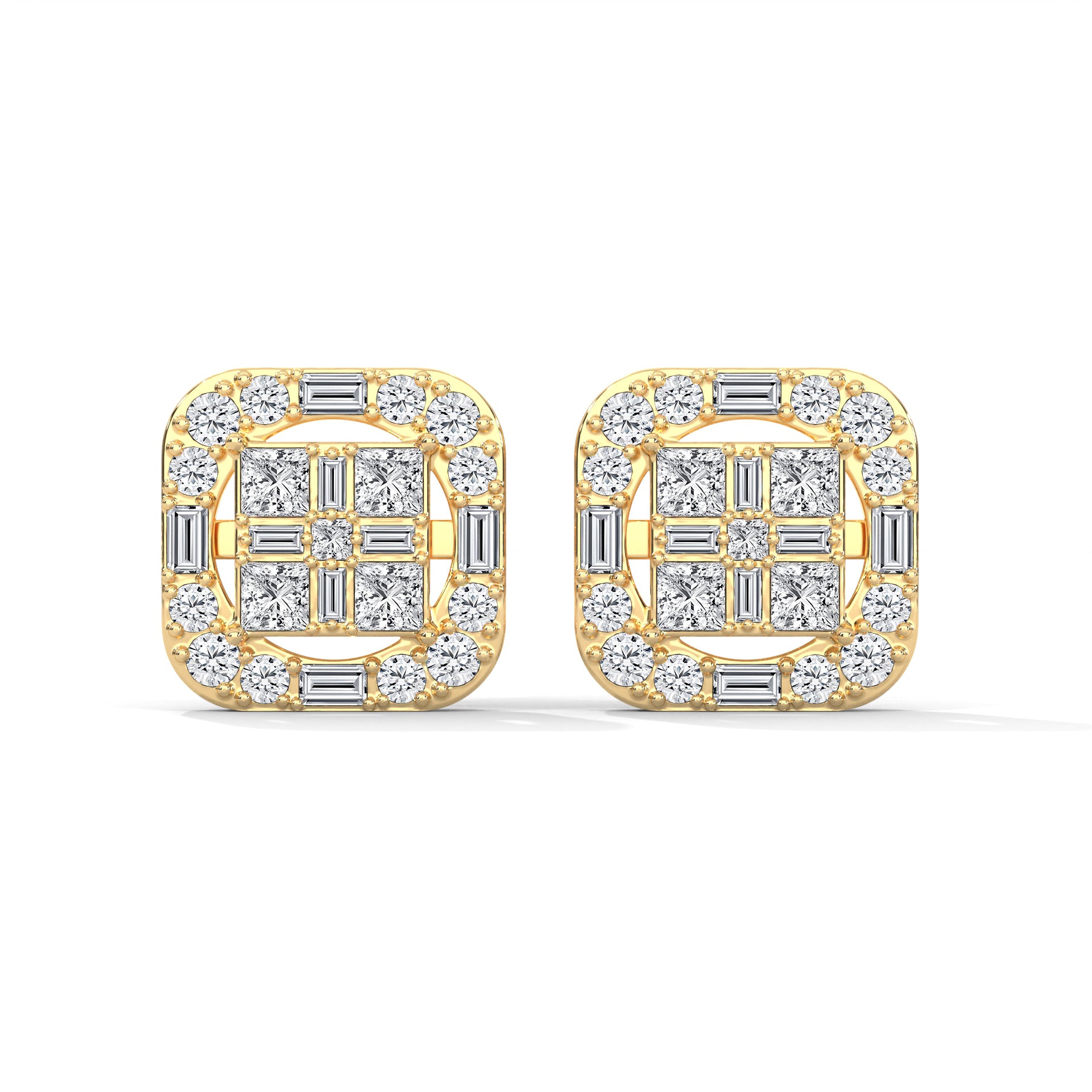 Square Princess & Baguette Diamond Halo Gold Earrings | 0.68 CTW