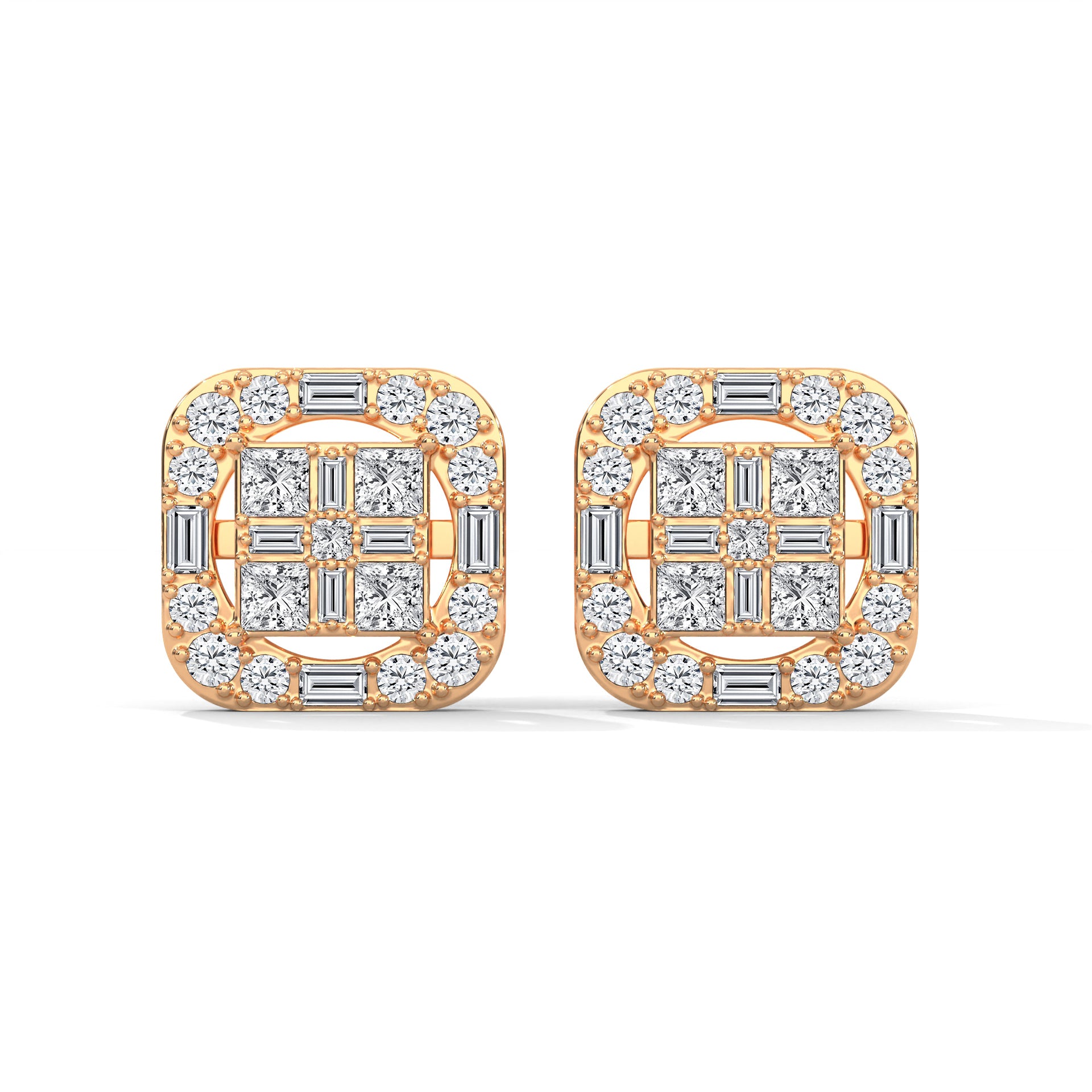 Square Princess & Baguette Diamond Halo Gold Earrings | 0.68 CTW