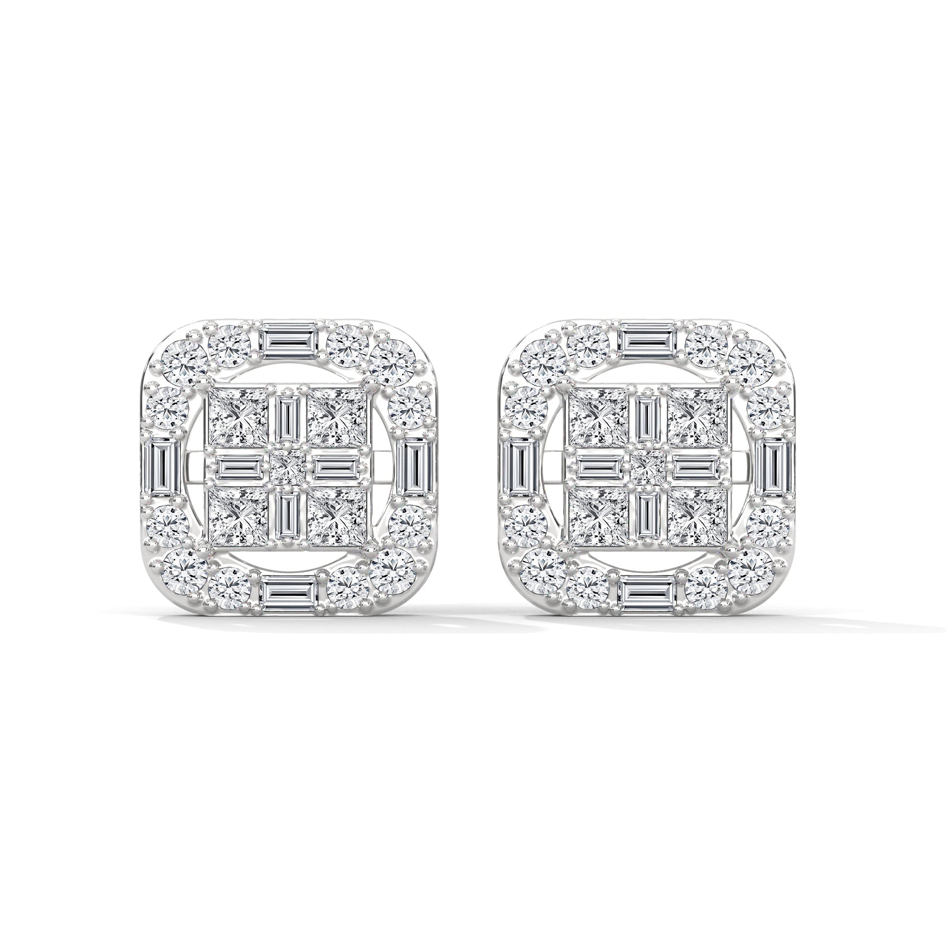 Square Princess & Baguette Diamond Halo Gold Earrings | 0.68 CTW
