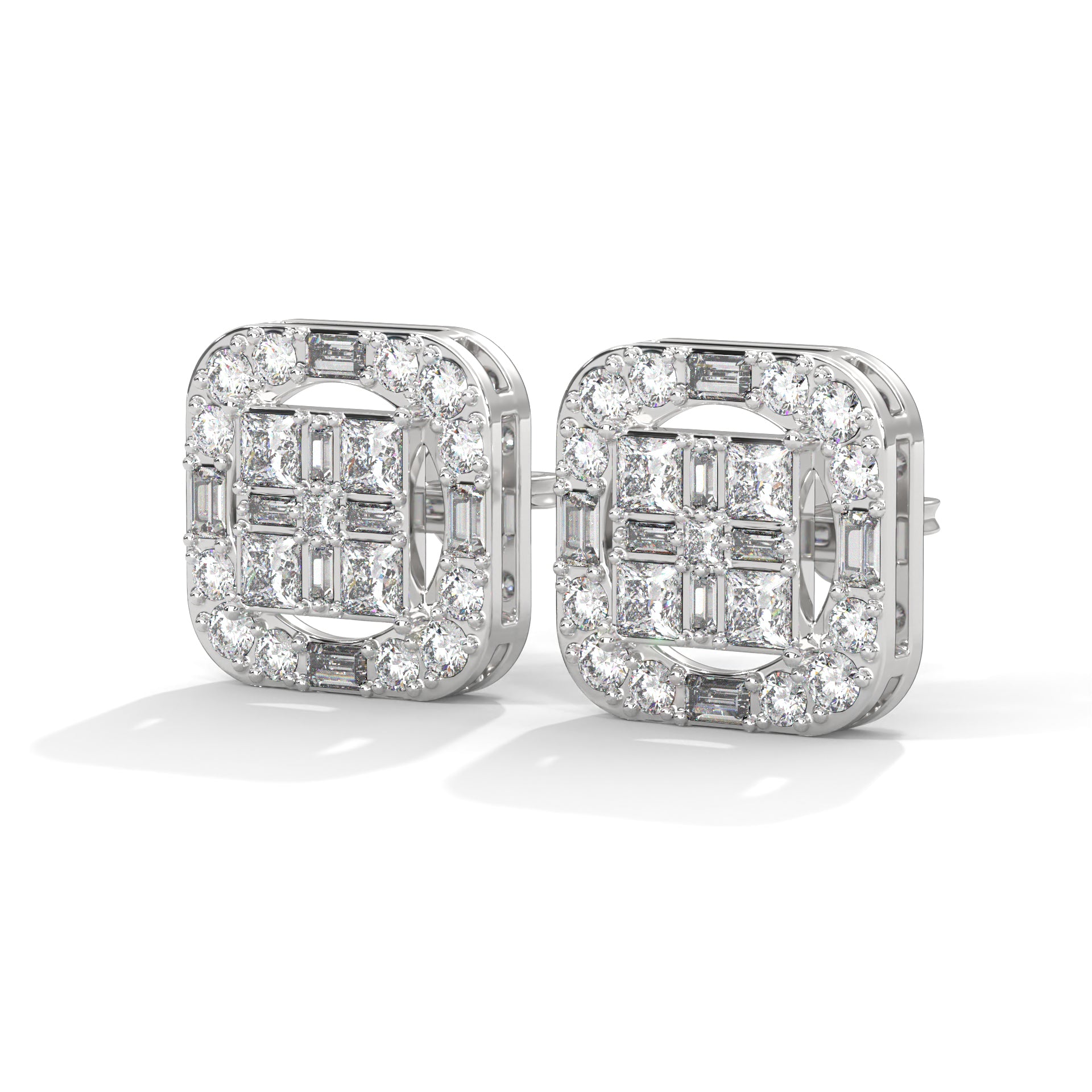 Square Princess & Baguette Diamond Halo Gold Earrings | 0.68 CTW