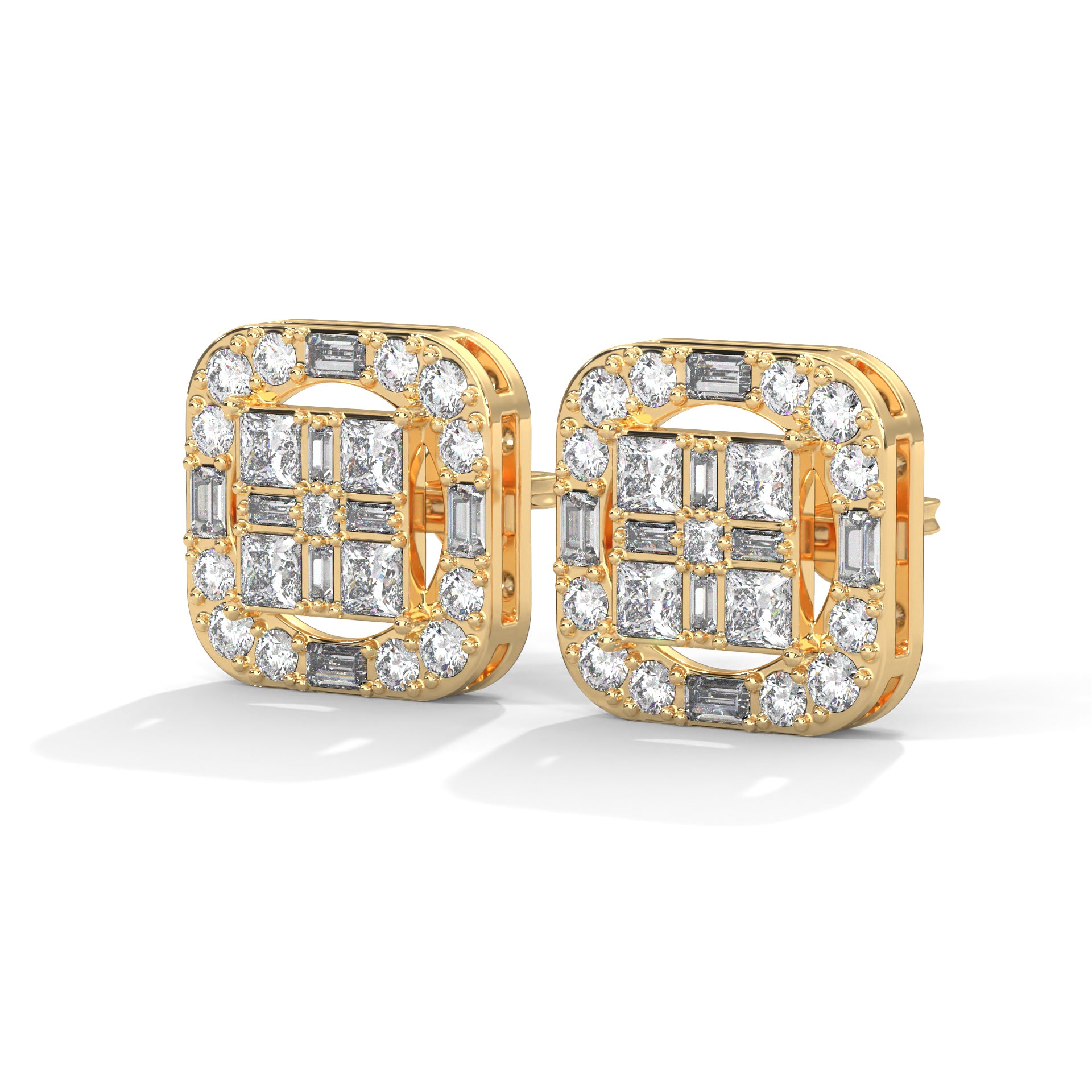 Square Princess & Baguette Diamond Halo Gold Earrings | 0.68 CTW