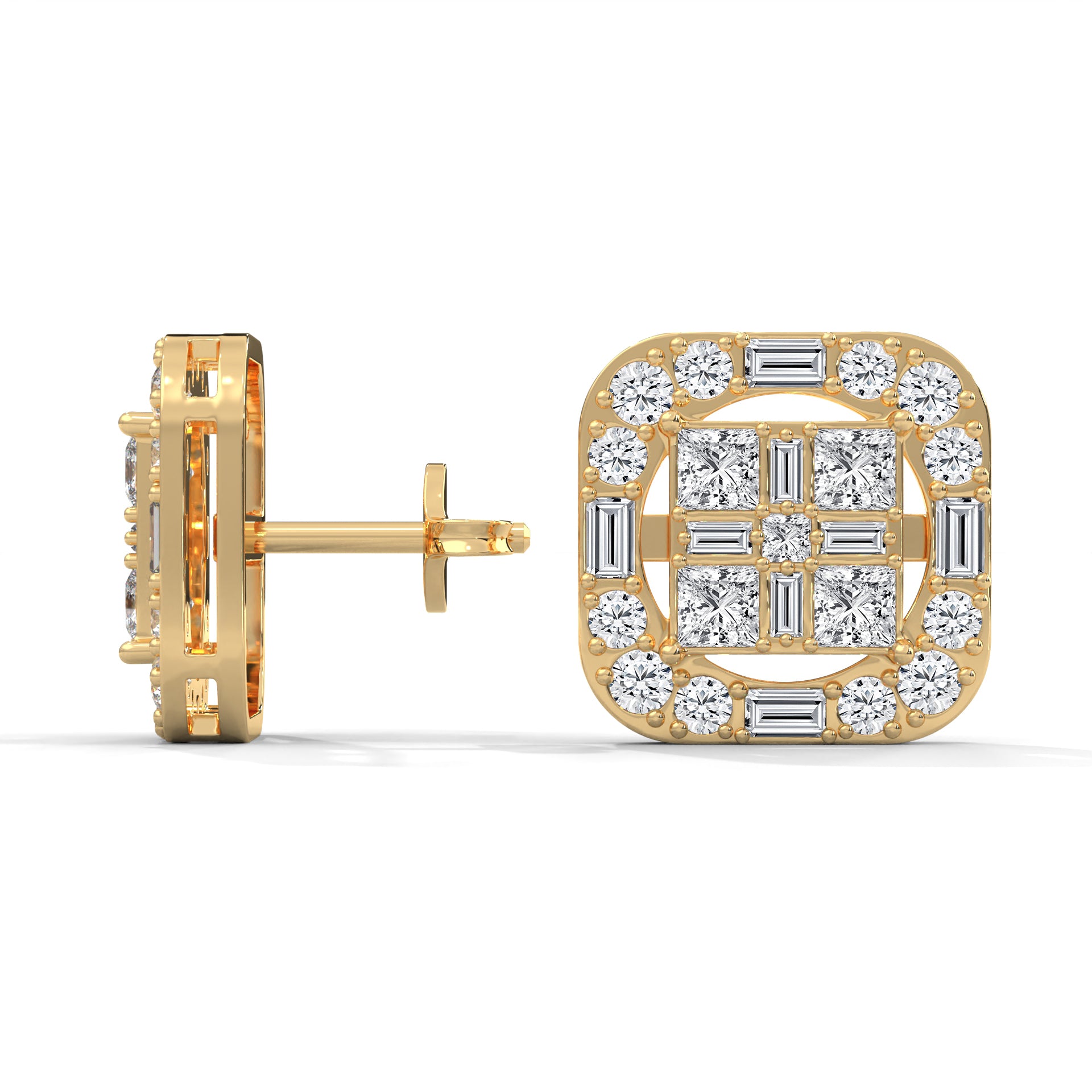 Square Princess & Baguette Diamond Halo Gold Earrings | 0.68 CTW