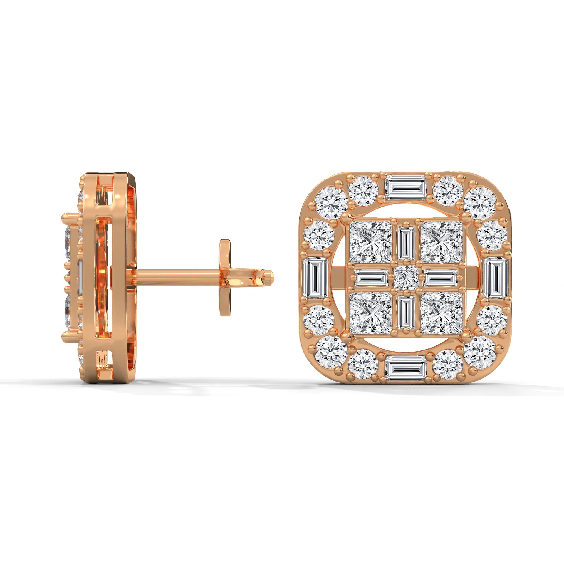 Square Princess & Baguette Diamond Halo Gold Earrings | 0.68 CTW
