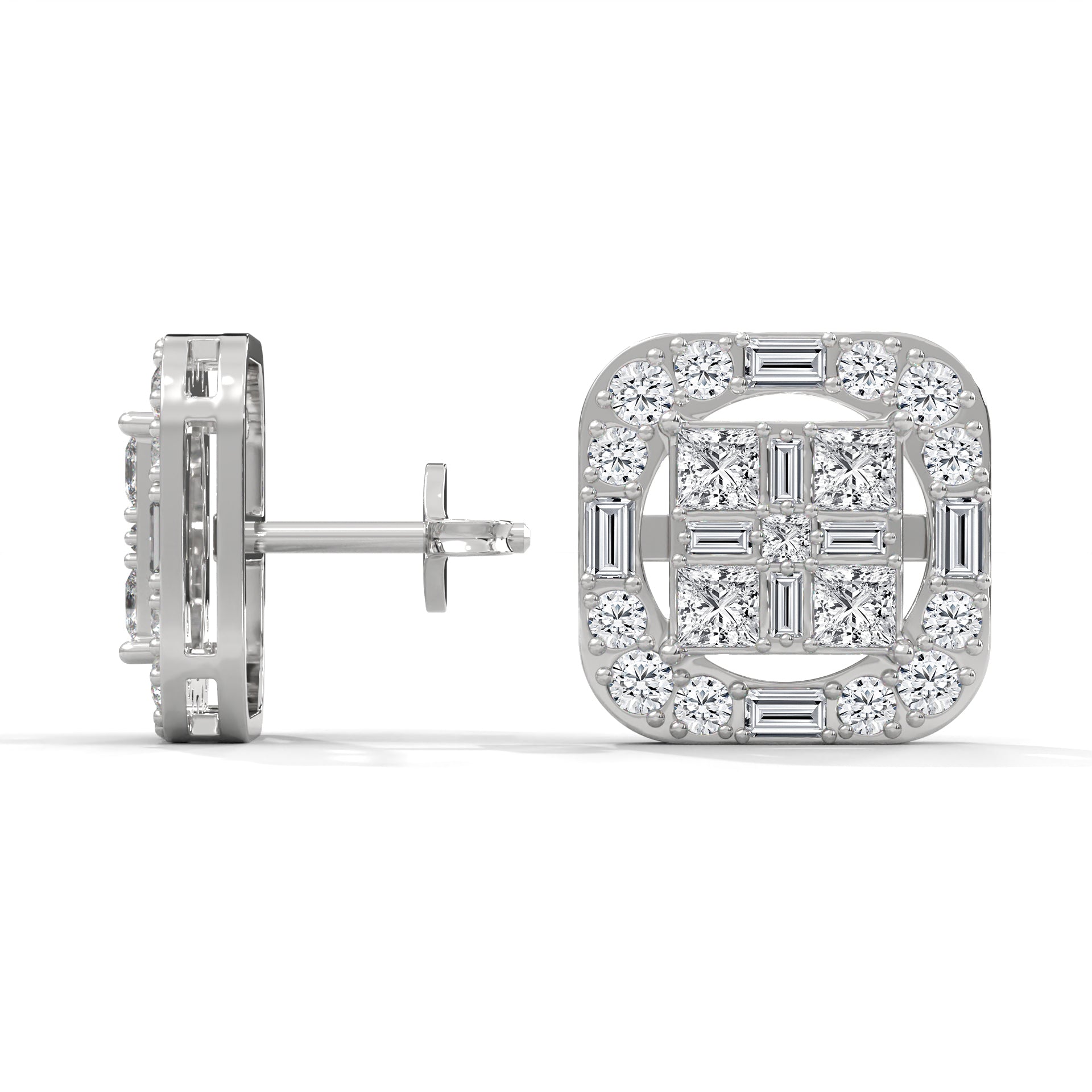 Square Princess & Baguette Diamond Halo Gold Earrings | 0.68 CTW