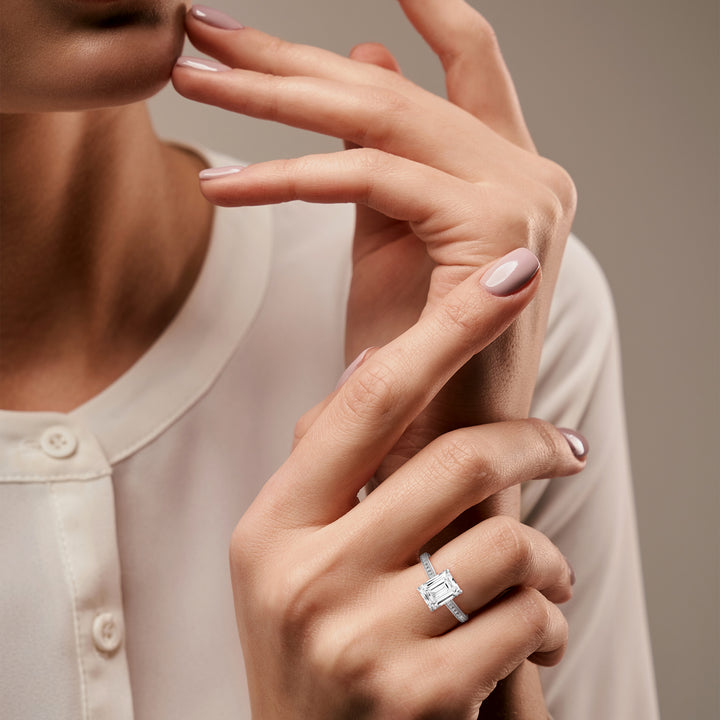 Pave Set 3 CT Emerald-Cut Lab Grown Diamond Ring | 3.24 CTW