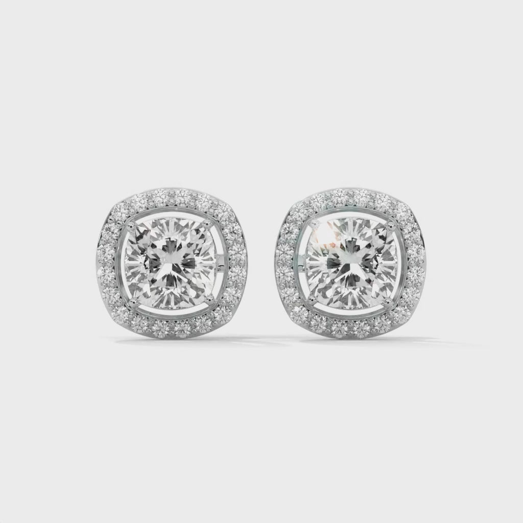 Cushion Cut Halo Diamond Stud Earrings | 14K Gold | IGI Certified | 2-6ctw