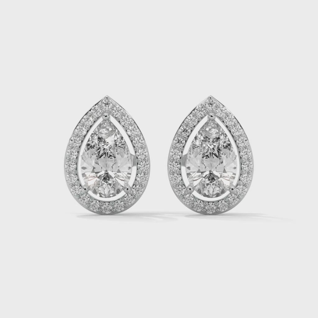 Pear Cut Halo Diamond Stud Earrings | 14K Gold | 2-6 CTW