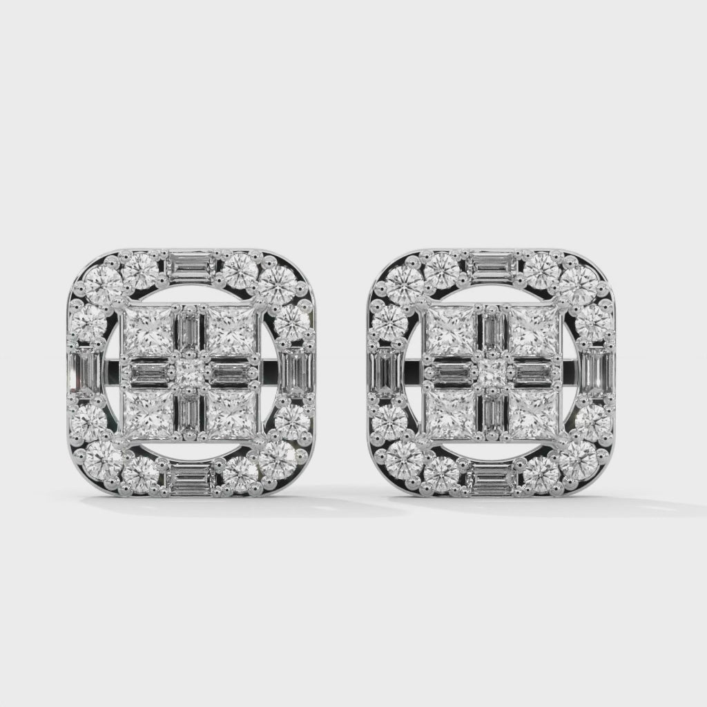 Square Princess & Baguette Diamond Halo Gold Earrings | 0.68 CTW