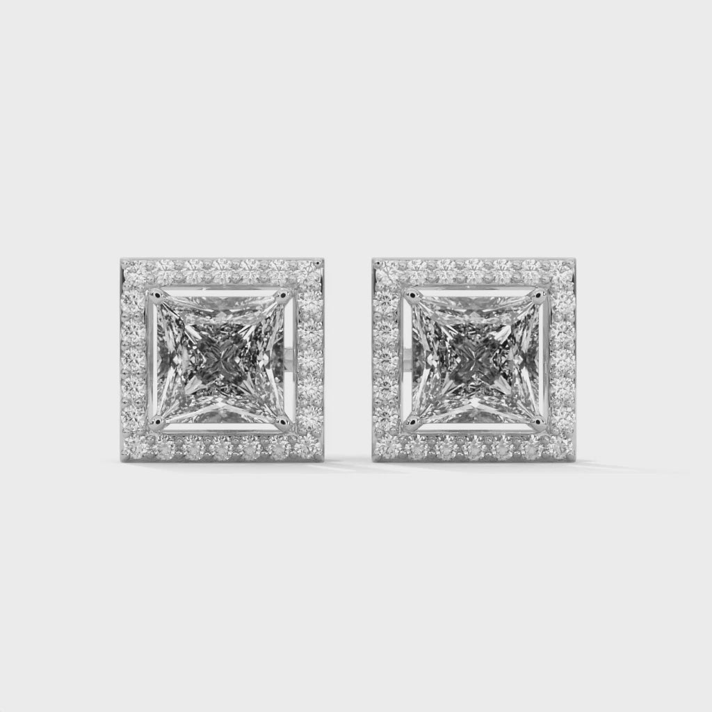 Princess Cut Halo Diamond Stud Earrings | 14K Gold | 2-6 CTW