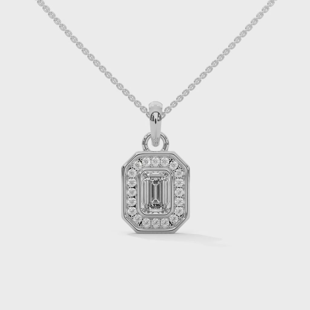 Imperial Elegance: 14K Gold Emerald-Cut Diamond Halo Pendant Necklace | 0.95 CTW