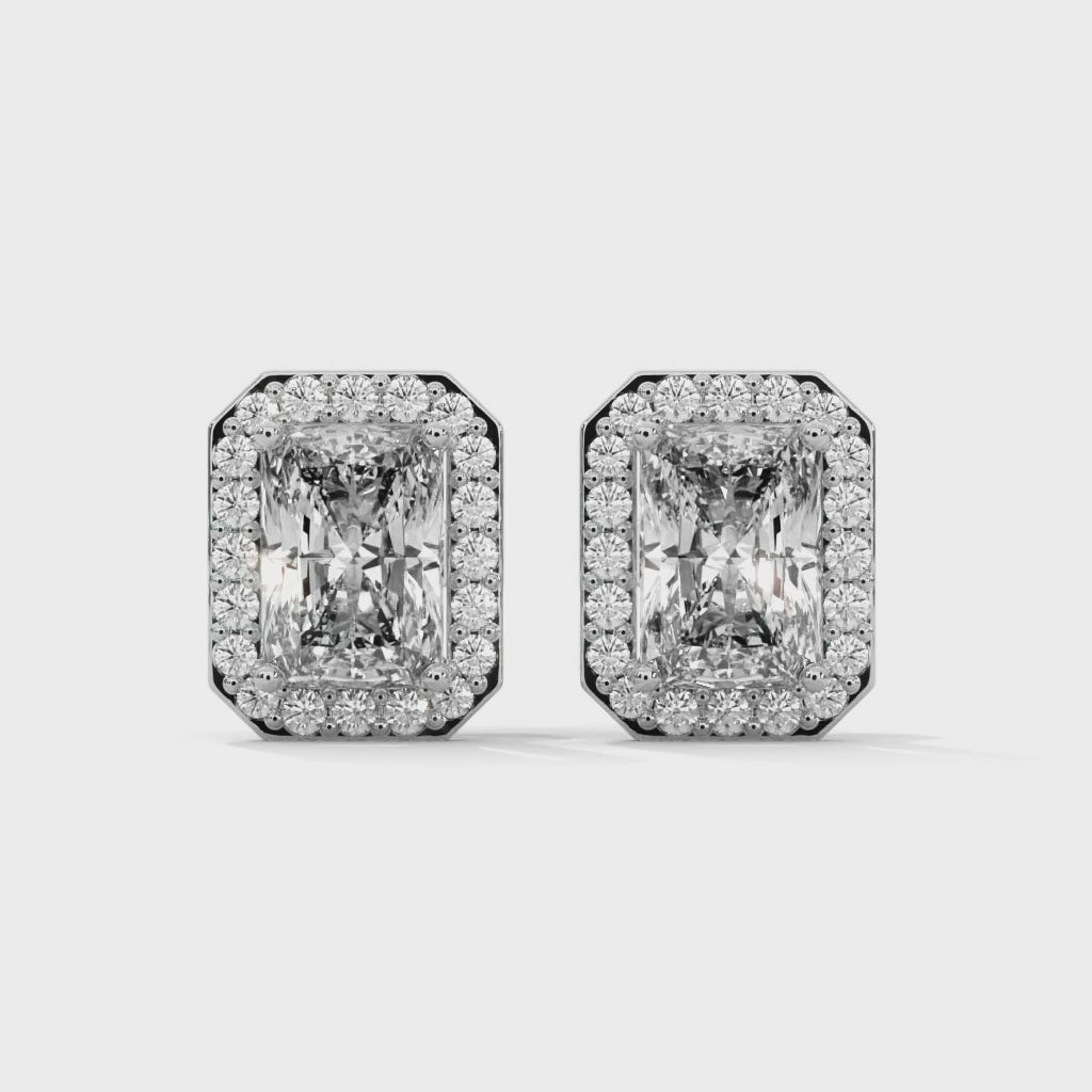 Emerald Cut Halo Diamond Stud Earrings | 14K Gold |2-6ctw | IGI Certified
