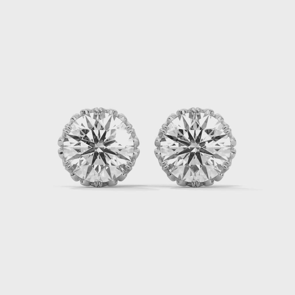 Vintage-Inspired Round Diamond Stud Earrings in 14K Gold| 2-6 CTW