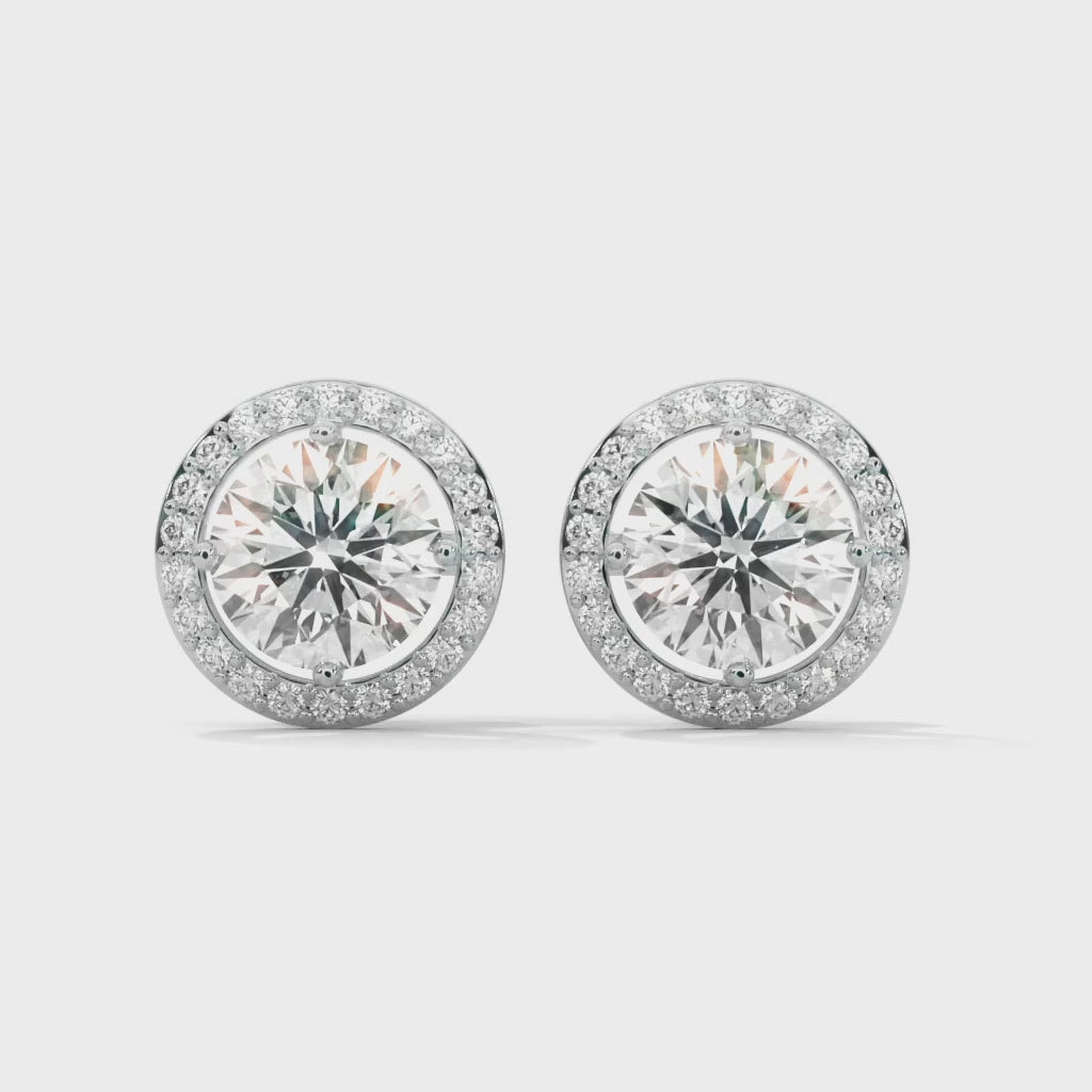 Round Cut Double Halo Diamond Stud Earrings | 14K Gold