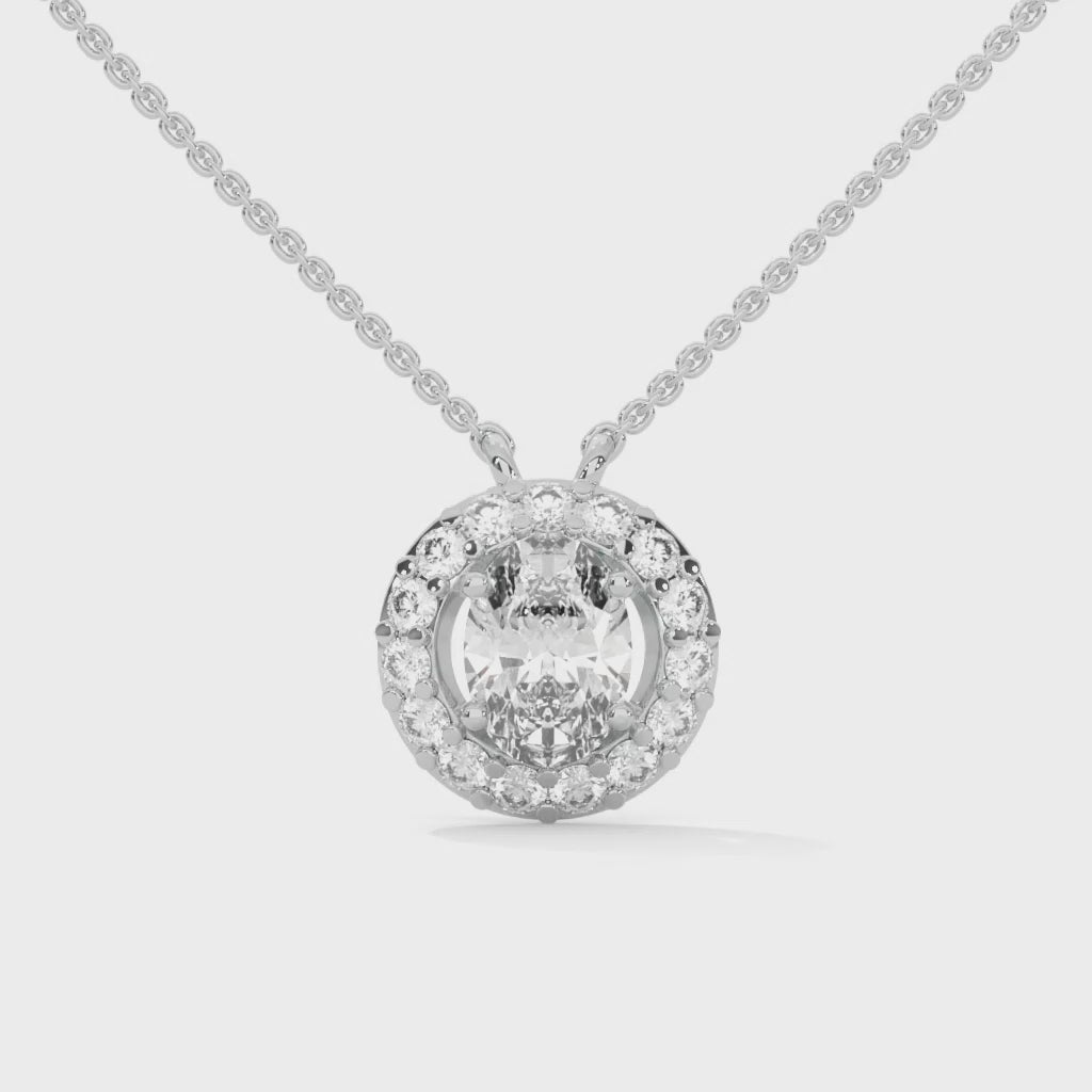 Eternal Glow: 14K Gold 0.75CT Oval-Cut Diamond Halo Pendant Necklace