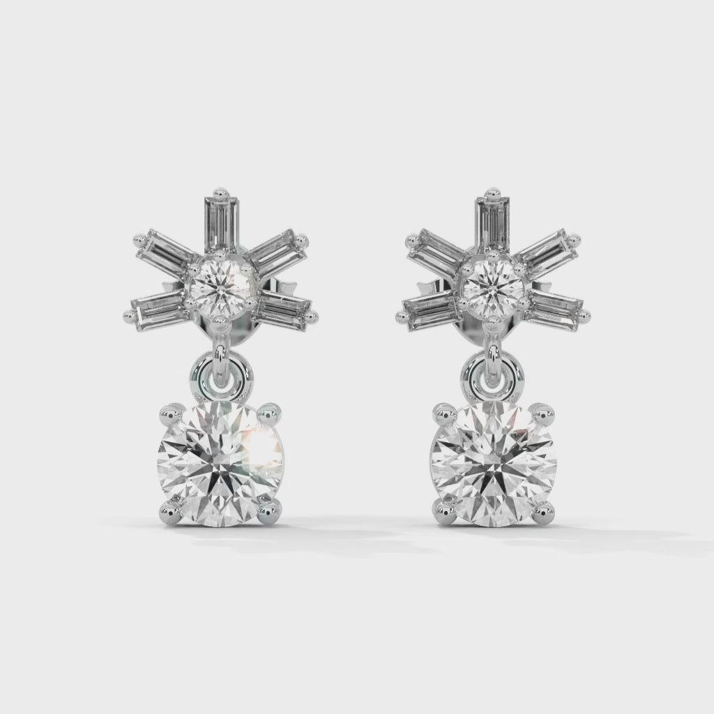 Elegant Starburst Round and Baguette Drop Earrings | 0.86 CTW